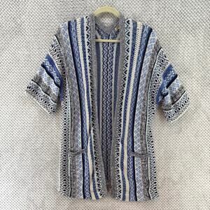 Lucky Brand Cardigan Women M Blue Long Open Front Knit Boho Striped Pockets